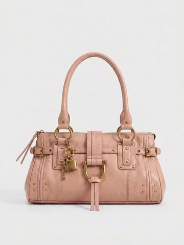 Y2K High Capacity Women Handbag Retro PU Leather Shoulder Bag With Lock Rivet Motorcycle Style Underarm Tote Bag Fashion Large Hobo Bag