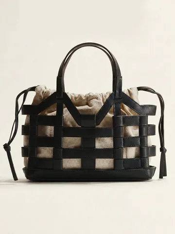 Women European Retro Hollow Out Patchwork Tote Bag Large Capacity PU Leather Bucket Handbag Daily Casual Shoulder Bag