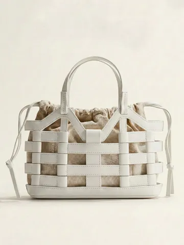 Women European Retro Hollow Out Patchwork Tote Bag Large Capacity PU Leather Bucket Handbag Daily Casual Shoulder Bag