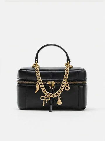Women Fashion Metal Charm Box Crossbody Bag PU Leather Top Handle Shoulder Bag With Chain Pendant Casual Cosmetic Vanity Purse