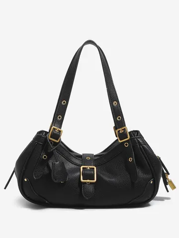 Women Trendy PU Leather Motorcycle Underarm Bag Chic Punk Style Litchi Texture Saddle Shoulder Bag Multi-Layer Handbag Purse
