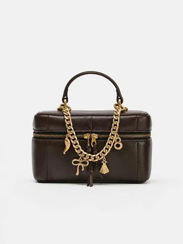 Women Fashion Metal Charm Box Crossbody Bag PU Leather Top Handle Shoulder Bag With Chain Pendant Casual Cosmetic Vanity Purse