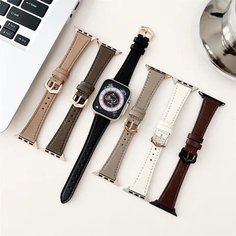 Retro Genuine Leather Watch Strap For Smart Watch Slim Waist Metal Crown Buckle Elegant Replacement Band Wrist Accessory