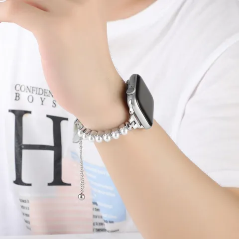 Elegante Cinturino in Metallo di Perle per Smartwatch Cinturino di Ricambio Catena di Perle Artificiali Accessorio di Moda