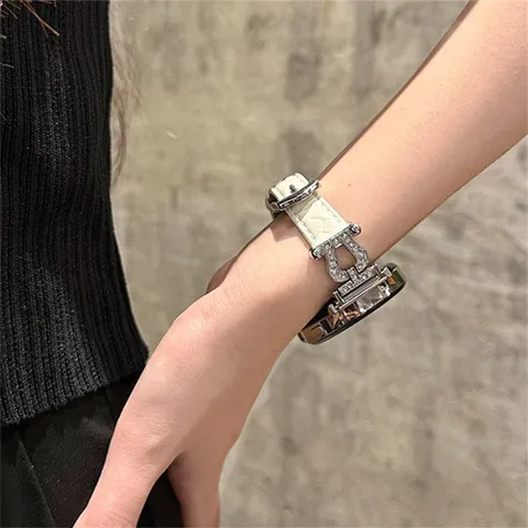 Genuine Leather Smartwatch Strap For Women Slim Replacement Band With Rhinestone Horsebit Buckle Elegant Wristband Accessories