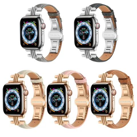 Bracelet de Montre en Cuir Véritable Motif Litchi Avec Connecteur Vertical Triple Boucle Papillon en Acier Inoxydable
