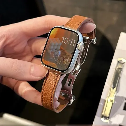Slim Genuine Leather Watch Band For Women Metal Folding Clasp Replacement Smartwatch Strap Fashion Wristband