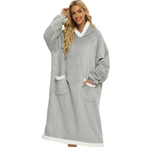 Oversized Wearable Blanket Hoodie Extra Long Flannel Sherpa Fleece Hooded Sweatshirt Blanket With Pockets Thick Warm TV Blanket Robe For Women Men