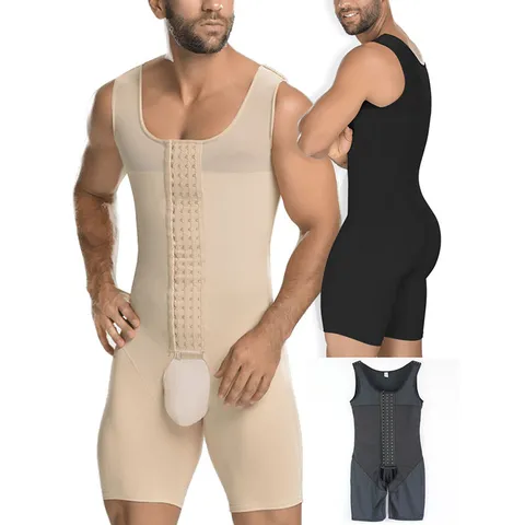 Men's One-Piece Body Shaper Bodysuit Front Hook-and-Eye Closure Tummy Control Waist Cincher Butt Lifter High Stretch Shapewear