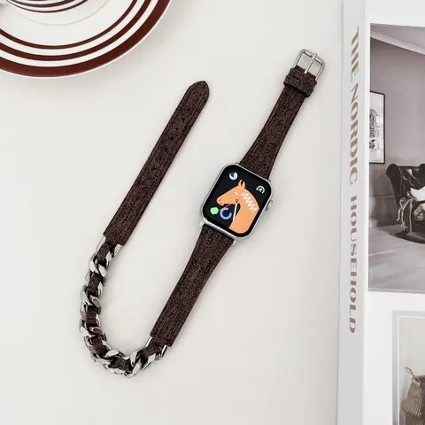 Mode Jeansstoff Metallkette Doppelter Tour Smart Watch Band Ersatzarmband Armband Schmuck