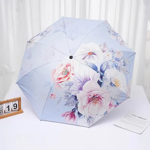 Parapluie Pliant de Protection UV Double Couche Colle Noire Motif Floral Parapluie de Pluie et de Soleil Coup-Vent pour Femmes
