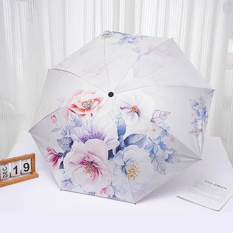 Parapluie Pliant de Protection UV Double Couche Colle Noire Motif Floral Parapluie de Pluie et de Soleil Coup-Vent pour Femmes