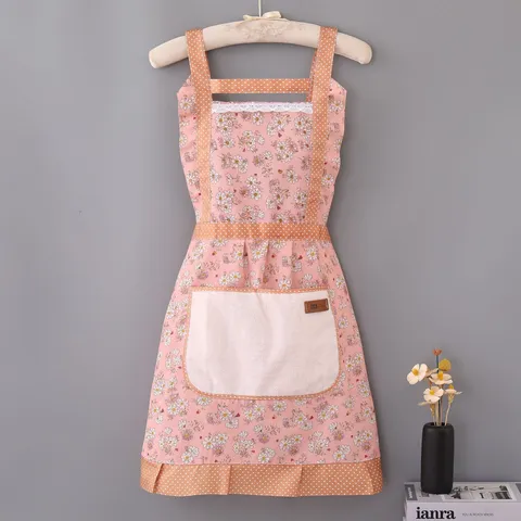 Womens Waterproof Kitchen Apron Cute Floral Cooking Apron With Wipeable Pocket Adjustable Bib Aprons For Home Baking
