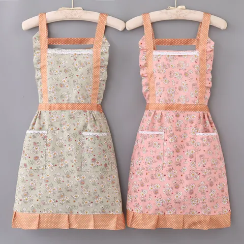 Womens Waterproof Kitchen Apron Cute Floral Cooking Apron With Wipeable Pocket Adjustable Bib Aprons For Home Baking