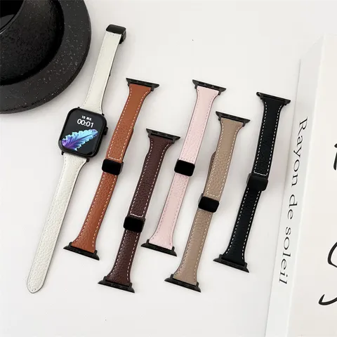 Smart Watch Band Genuine Leather Slim Magnetic Replacement Strap Comfortable Casual Wristband For Smartwatch Series