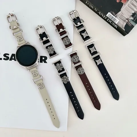 Punksel Echt Leer Horlogeband Met Metaal Kruis Bloem Decoratie Vervangende Band Voor Huawei Horloge Dames
