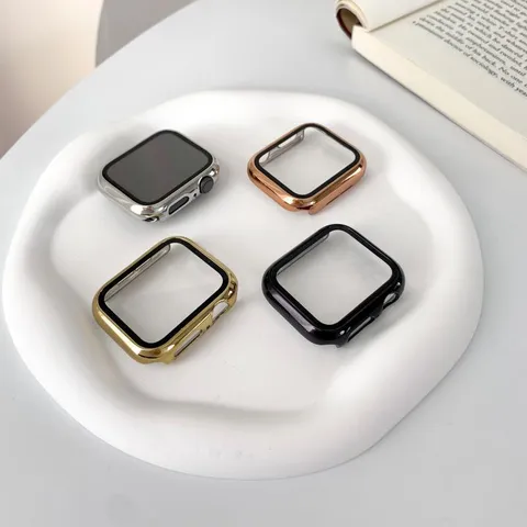 Funda Protectora de TPU Brillante Galvanizada Y Correa de Cadena de Metal con Diamantes de Imitación Para Apple Watch
