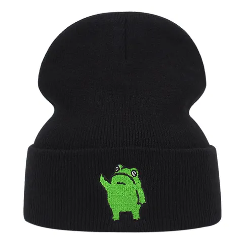 Berretto in Maglia Caldo Unisex Inverno Esterno Tinta Unita Carino Ricamo Rana Moda Casual Cappello Teschio