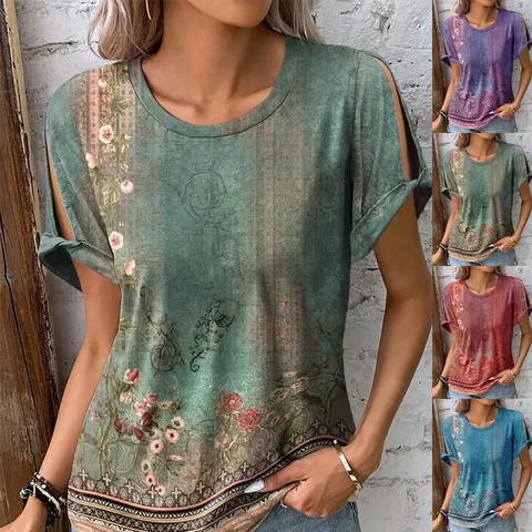 T-Shirt en Pullover pour Femmes Vintage Ethnique Fleurs Botaniques Imprimé Épaules Dénudées Col Rond Manches Courtes Décontracté Confort Été Vêtement Haut