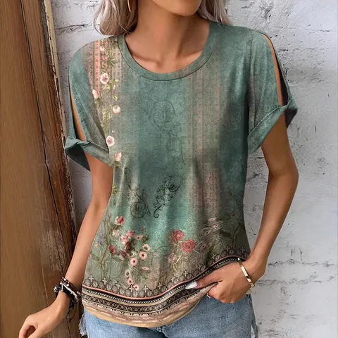 T-Shirt en Pullover pour Femmes Vintage Ethnique Fleurs Botaniques Imprimé Épaules Dénudées Col Rond Manches Courtes Décontracté Confort Été Vêtement Haut
