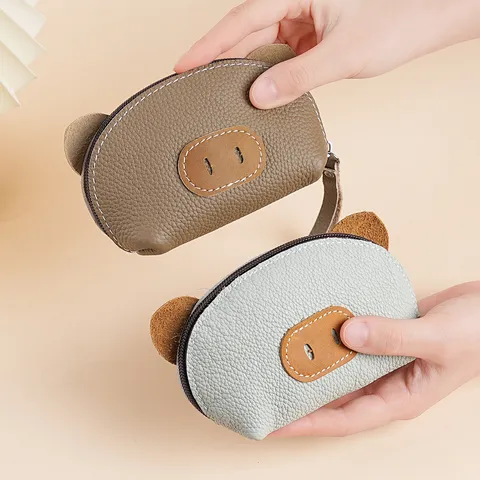 Monedero de Cuero Auténtico con Diseño de Cerdo Lindo Mujeres Mini Bolso Cartera Dibujos Animados Bolsa de Almacenamiento Estuche de Llaves