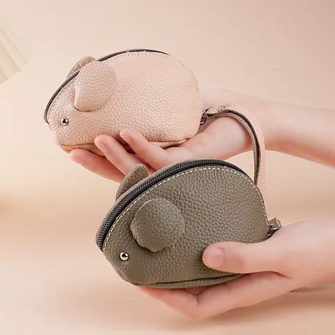 Monedero de Cuero Genuino con Forma de Lindo Ratón para Mujer Mini Cartera con Cremallera y Llavero