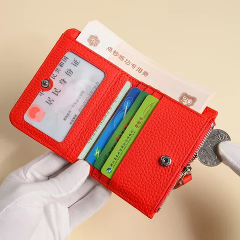 Billetera Corta de Cuero Genuino para Mujer Cuero de Vaca con Cremallera Monedero Minimalista Tarjetero Bifold