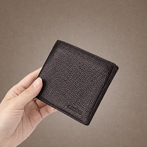 Cartera Corta de Cuero Genuino para Hombre Piel de Vacuno Color Sólido Minimalista Plegable Tarjetero Monedero Negocios