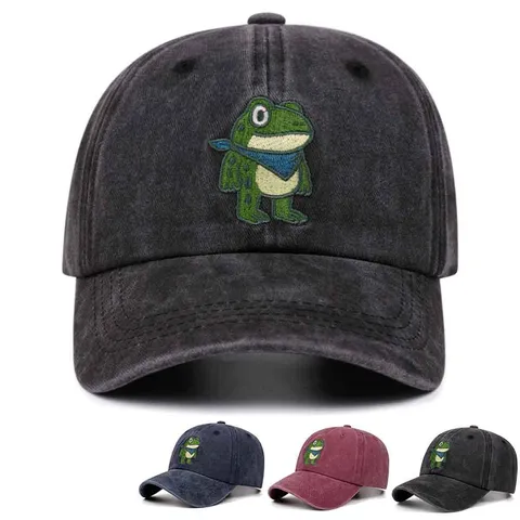 Berretto da Baseball in Denim Lavato Simpatico Ricamo Rana Vintage Dad Hat Casual Hip Hop Cappello Protezione Solare Per Uomo Donna
