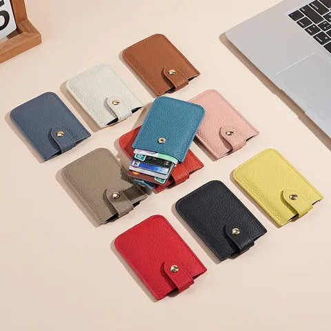Tarjetero Minimalista de Cuero Verdadero Para Mujeres Hombres Anti RFID Delgado Mini Funda para Tarjetas Monedero Slim Portátil