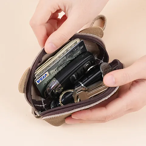 Monedero de Cuero Auténtico con Diseño de Cerdo Lindo Mujeres Mini Bolso Cartera Dibujos Animados Bolsa de Almacenamiento Estuche de Llaves