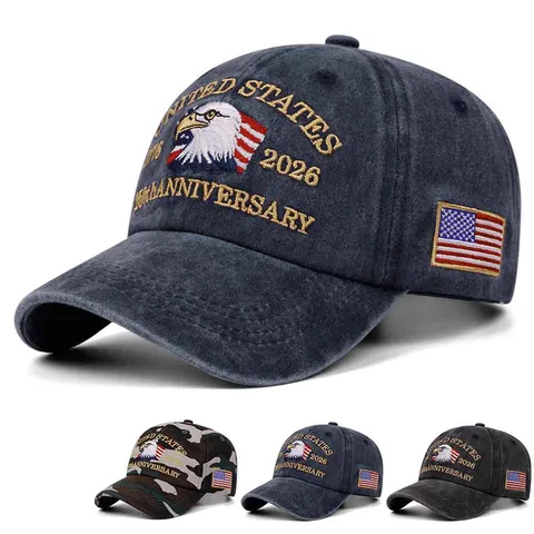 Berretto da Baseball in Denim Lavato con Ricamo Aquila Anniversario US Regolabile Sportivo