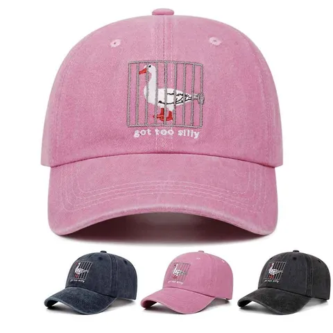Berretto da Baseball in Denim Lavato Oca Stolta Ricamato Cappello Dad Vintage Casual Tesa Curva Regolabile