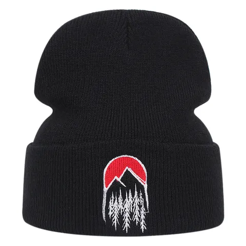 Unisex Inverno Caldo Berretto in Maglia All'aperto Antivento Acrilico Tramonto Montagna Ricamo Cappello Casual Moda Sci