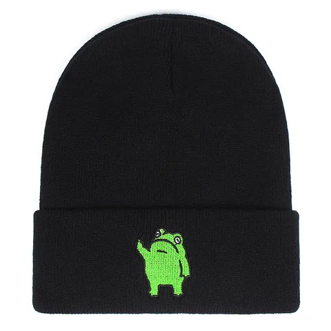 Berretto in Maglia Caldo Unisex Inverno Esterno Tinta Unita Carino Ricamo Rana Moda Casual Cappello Teschio