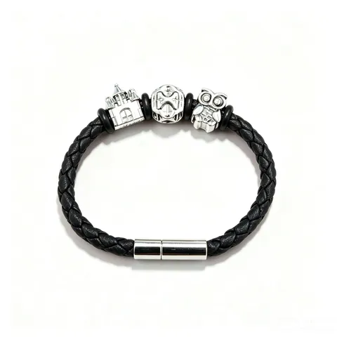 Men Woven Leather Bracelet Punk Style Alloy Charms Beaded Magnetic Clasp Wristband Retro Christmas Style Owl Castle Jewelry