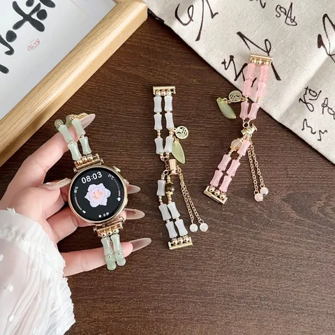 Chinese Stijl Kralen Horlogeband Acryl Kralen Metalen Ketting Vervanging Polsband Universele Smartwatch Band Accessoire