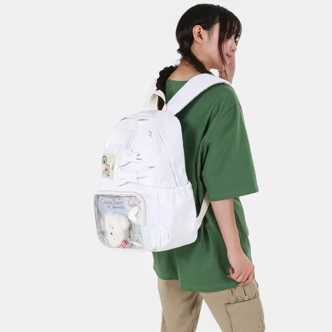 Mochila de Lona Casual JK Itabag de Gran Capacidad con Ventana Transparente Bolso Escolar para Estudiantes con Lazo