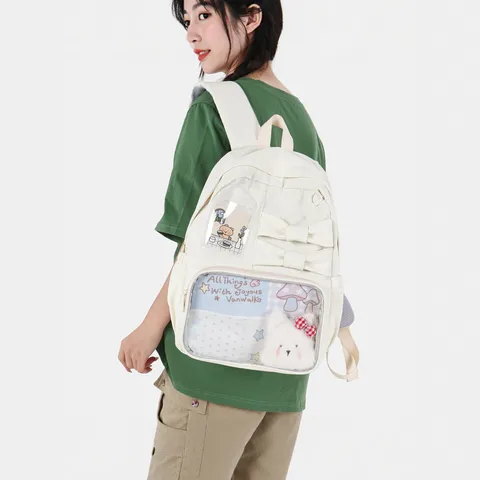 Mochila de Lona Casual JK Itabag de Gran Capacidad con Ventana Transparente Bolso Escolar para Estudiantes con Lazo