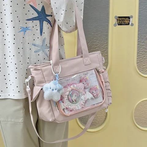 Bolso Bandolera Casual de Poliéster para Mujer Ventana Transparente Ita Bag Bolso de Hombro Lolita Japonés Bolsillo Claro
