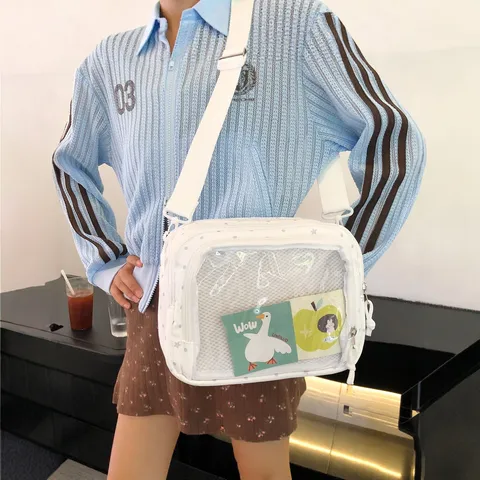 Bolso Ita de Estilo Universitario Japonés Ventana Frontal Transparente Bolso Bandolera de Hombro Estudiante Ocio Nylon