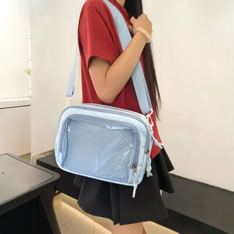 Bolso Ita de Estilo Universitario Japonés Ventana Frontal Transparente Bolso Bandolera de Hombro Estudiante Ocio Nylon