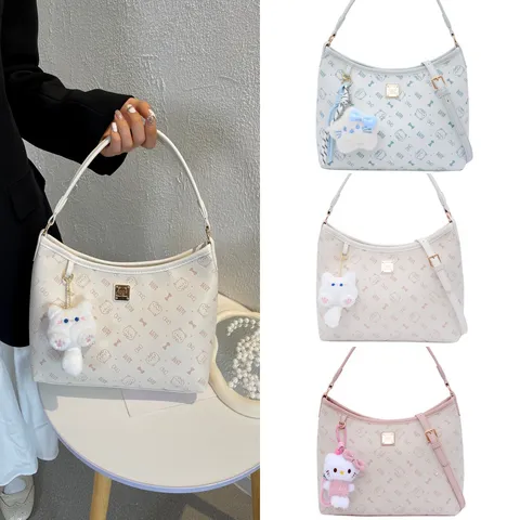Bolso de Mano de Cuero PU para Mujer Lindo Estampado de Gato Tote Bag Bolso Bandolera Casual Con Colgante de Felpa Bolso Superior