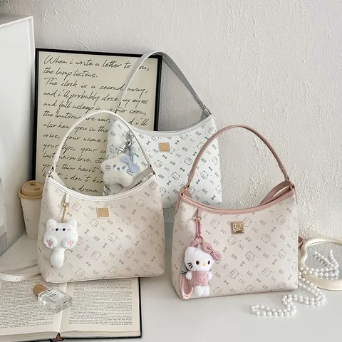 Bolso de Mano de Cuero PU para Mujer Lindo Estampado de Gato Tote Bag Bolso Bandolera Casual Con Colgante de Felpa Bolso Superior
