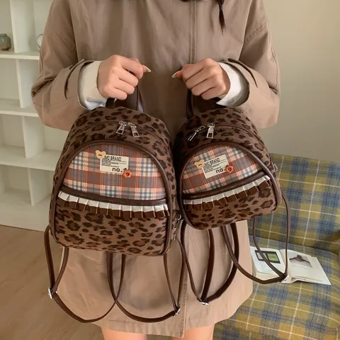 Mochila Vintage Coreana Estampado de Leopardo Paisley Mujer Casual Escolar Lindo Volante Pequeña Mochila de Viaje Moda