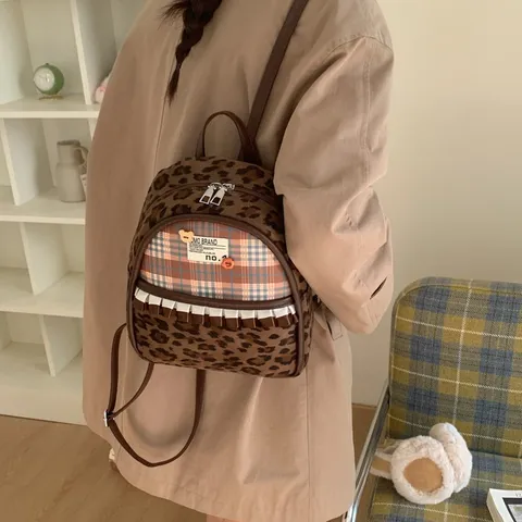 Mochila Vintage Coreana Estampado de Leopardo Paisley Mujer Casual Escolar Lindo Volante Pequeña Mochila de Viaje Moda