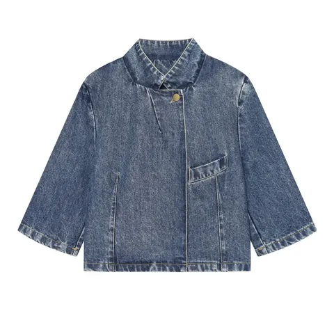 Dames Casual Losse Standaard Kraag Denim Blazer Jas Lange Mouw Enkele Rij Knoppen Korte Bovenkleding Streetwear Mode