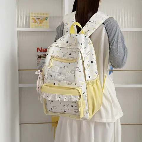 Zaino Casual in Nylon Ita Bag Finestra Anterior Trasparente Stampa Cartoon Carino Borsa da Scuola Leggera e Versatile
