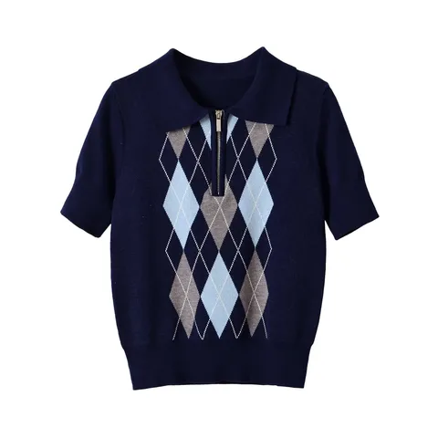 Women's Casual Knit Cotton V-Neck Short Sleeve Sweater Argyle Pattern Metal Zipper Pullover Fashion Knitwear Top