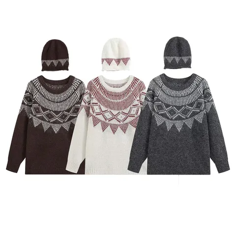 Vrouwen Herfst Casual Losse Jacquard Gebreide Trui En Hoed Tweedeelig Set Lange Mouw Ronde Hals Trui Tops Matchende Hoed Outfits